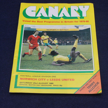 Vintage football match day magazine cover featuring a match between Norwich City and Leeds United, titled 'Canary'.