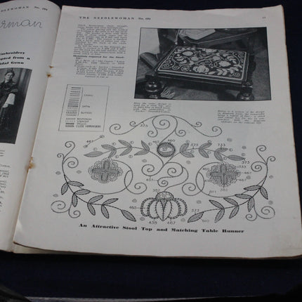 Page from a vintage sewing magazine with needlework design and text.