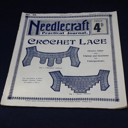 Vintage 'Needlecraft Practical Journal' book on crochet lace with blue text and patterns on a black background.