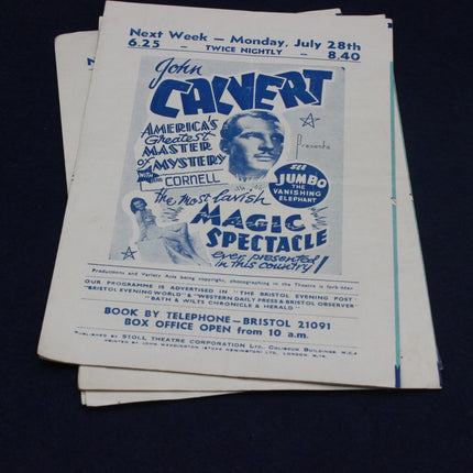 Vintage advertisement for a magic spectacle featuring John Calvert on a dark background