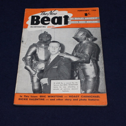 Vintage magazine cover titled 'The New Beat' featuring a man in suits with armored figures on a dark background.