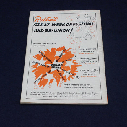 Butlin's promotional flyer for a 'Great Week of Festival and Re-Union' event on a dark background.