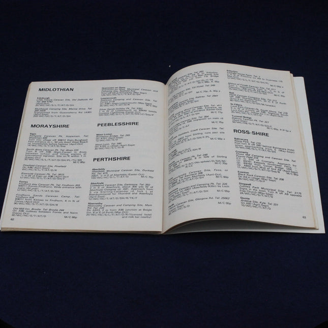 Open 1974/5 Motor Caravanners’ Club Home Sites List with text on a dark background