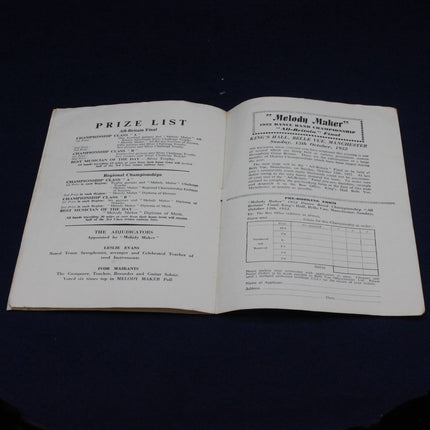 1952 Melody Maker Dance Band Championship Programme with prize list and text on a dark background