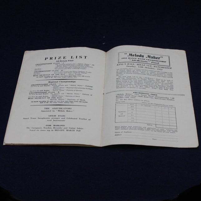 1952 Melody Maker Dance Band Championship Programme with prize list and text on a dark background