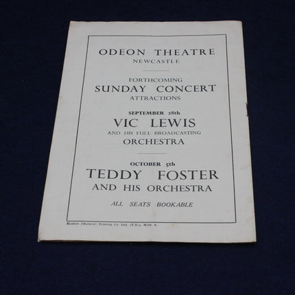 Promotional flyer for Odeon Theatre Newcastle featuring upcoming concerts with Vic Lewis and Teddy Foster.