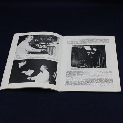 Open Reginald Dixon MBE Souvenir Booklet with black and white photos and text on a dark background