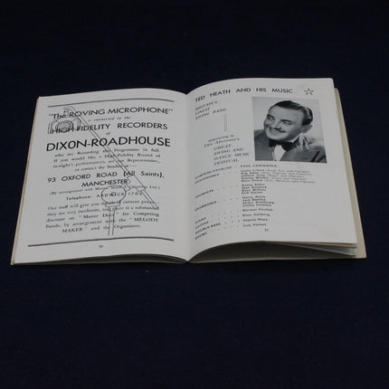 Open 1947 Melody Maker Dance Band Championship Programme with text and a photo of a man on a black background