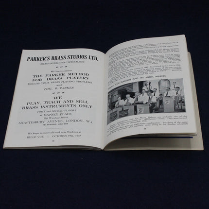 Open 1947 Melody Maker Dance Band Championship Programme with text and a black and white photo on a dark background