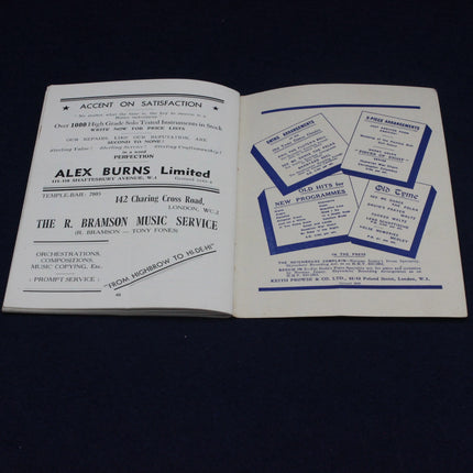 Open 1947 Melody Maker Dance Band Championship Programme with printed text and advertisements on a dark background