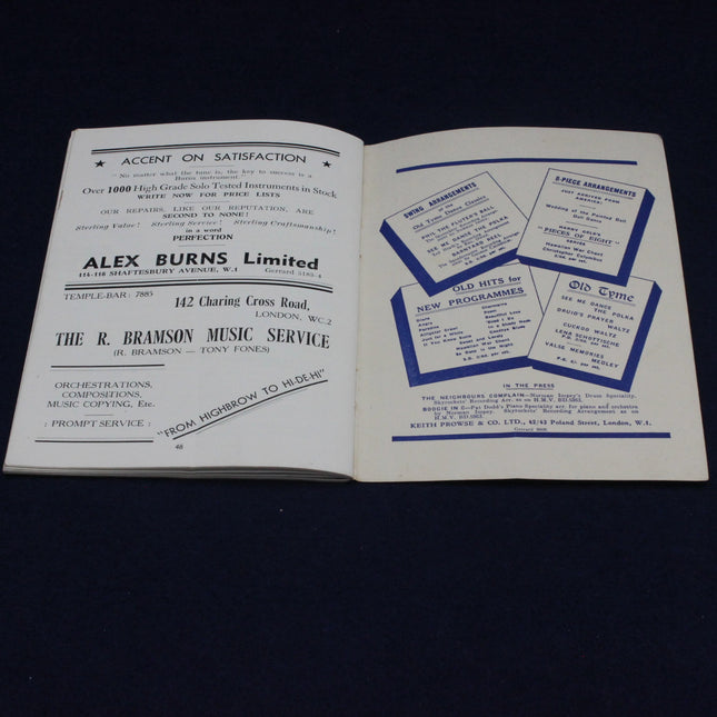 Open 1947 Melody Maker Dance Band Championship Programme with printed text and advertisements on a dark background
