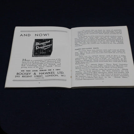 Open 1946 Melody Maker Dance Band Championship Programme with text and an advertisement for Boosey & Hawkes Ltd on a dark background