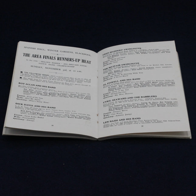 Open 1946 Melody Maker Dance Band Championship Programme with printed text on a dark background