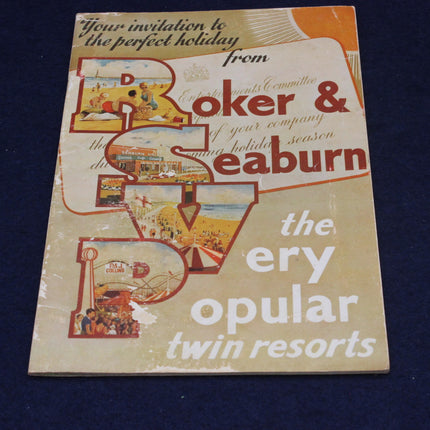 Vintage travel brochure for Doker & Seaburn twin resorts with illustrations and text on a dark background.