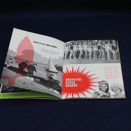 Open book with vintage-style pages featuring images of people and text on a dark background