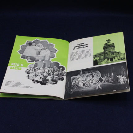 Open book with black and white images and green text on a dark background