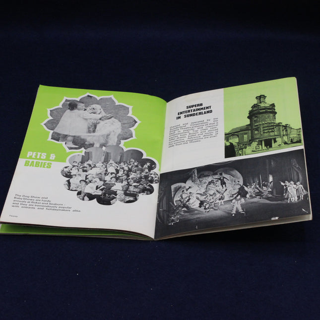 Open book with black and white images and green text on a dark background