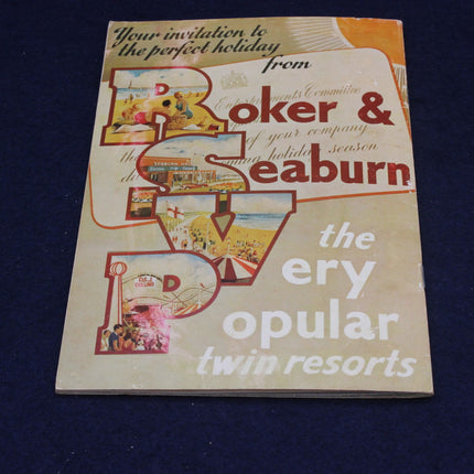 Vintage travel brochure for Roker & Seaburn resorts on a dark blue background