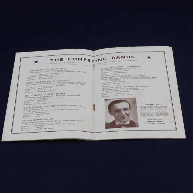 Open 1951 National Dance Band Championship Programme with text and a photo of a man on a dark background