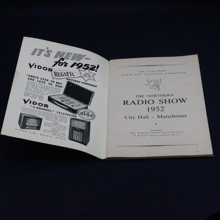 Open 1952 Northern Radio Show Catalogue with vintage advertisement for Vidor television and Northern Radio Show 1952 in Manchester.