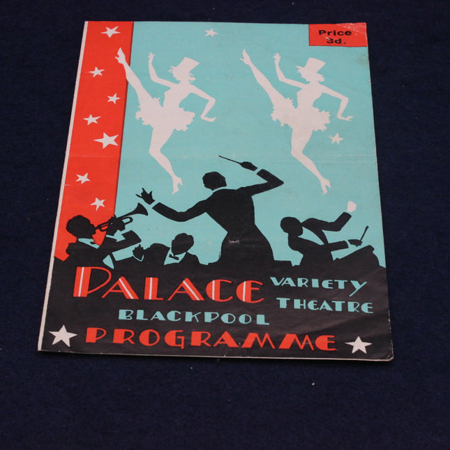 Vintage Palace Variety Theatre Blackpool programme cover with silhouettes of performers on a blue background.