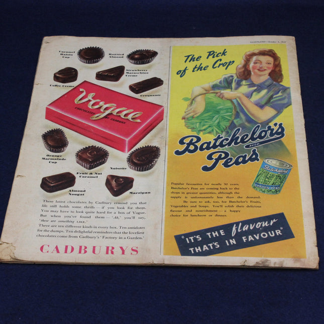 Vintage advertisement for Cadbury's Vogue chocolates and Batchelor's Peas, featuring a woman holding peas.
