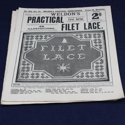 Vintage book or magazine cover featuring Weldon's Practical Needlework with filet lace design.