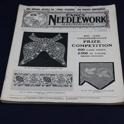 Vintage magazine cover of 'Fancy Needlework Illustrated' with needlework patterns and text.