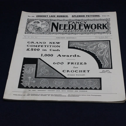 Vintage magazine cover of 'Fancy Needlework Illustrated' with black and white lace patterns.