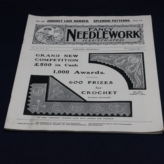 Vintage magazine cover of 'Fancy Needlework Illustrated' with black and white lace patterns.