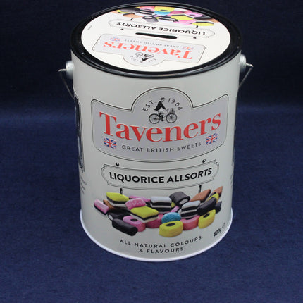 Taveners Liquorice Allsorts tin on a dark blue background