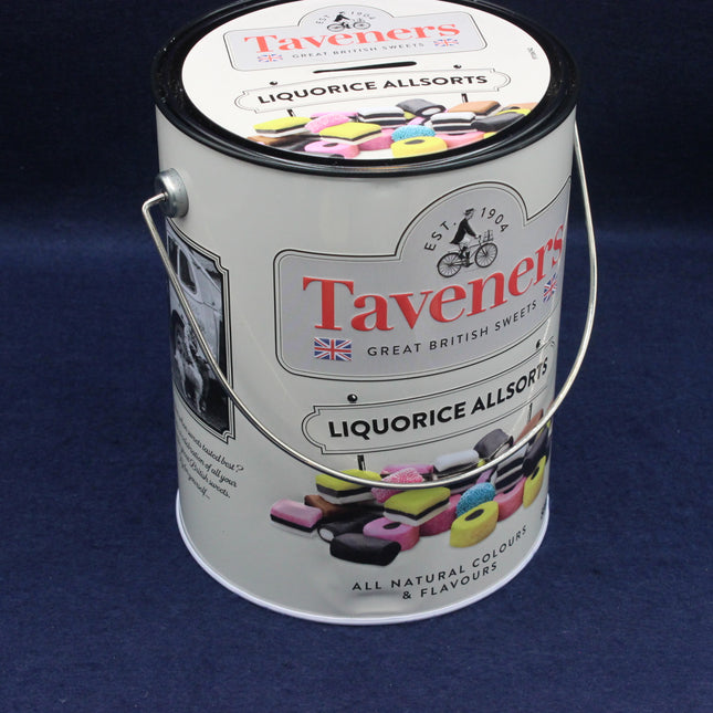 Taveners Liquorice Allsorts tin on a dark blue background