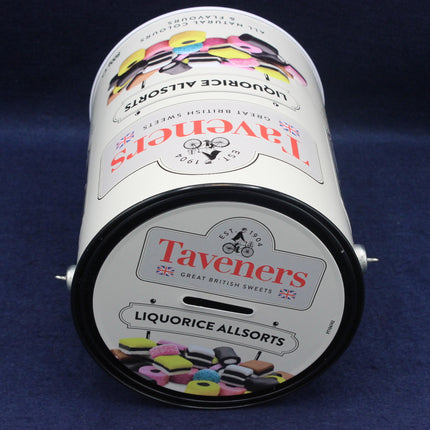 Taveners Liquorice Allsorts container on a blue background