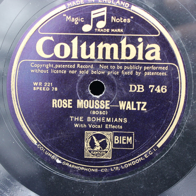 Columbia 78 Record  – The Bohemians: My Dream Waltz / Rose Mousse Waltz