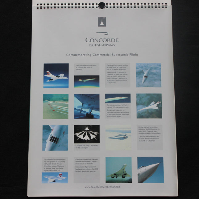 Concorde British Airways calendar with images and text on a black background