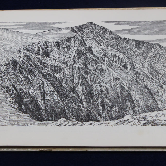 Black and white illustration of a mountainous landscape