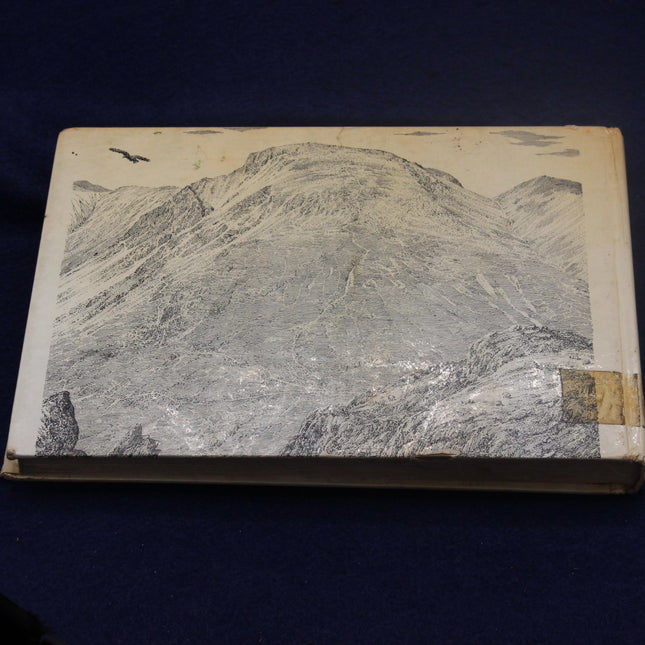 Book with a mountain illustration on the cover against a dark background