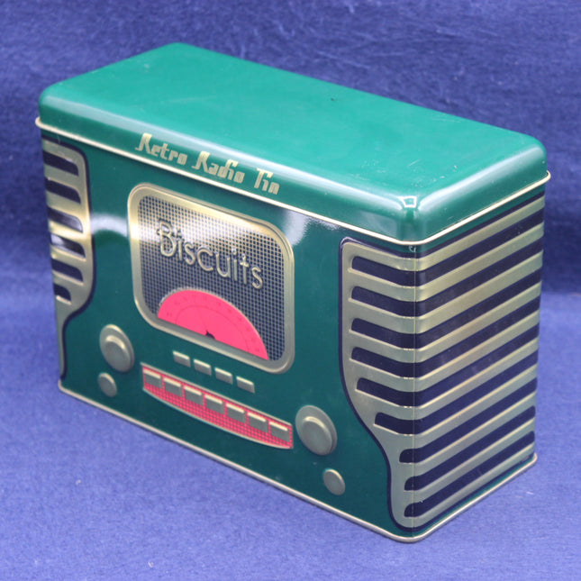 Retro-style biscuit tin designed like a radio on a blue background