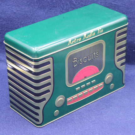 Retro-style biscuit tin designed like a radio on a blue background