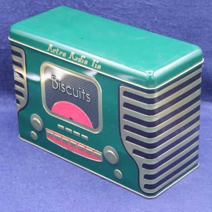 Green tin box designed like a retro radio with 'Biscuits' text on a blue background