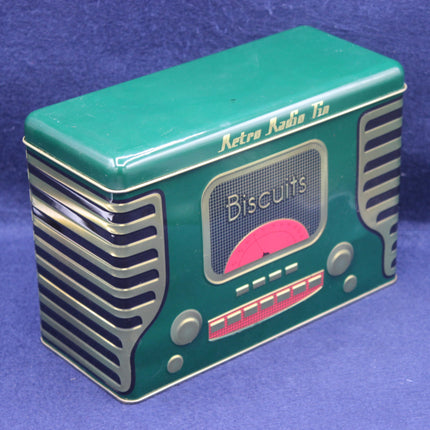 Retro-style biscuit tin designed like a radio on a blue background