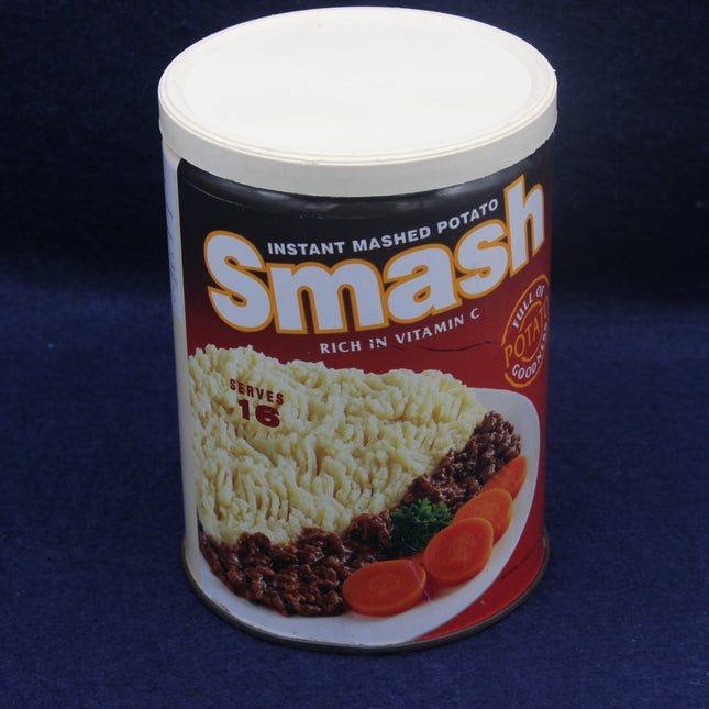 Can of Smash instant mashed potato on a dark background