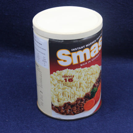 Can of Smas instant mashed potatoes on a blue background
