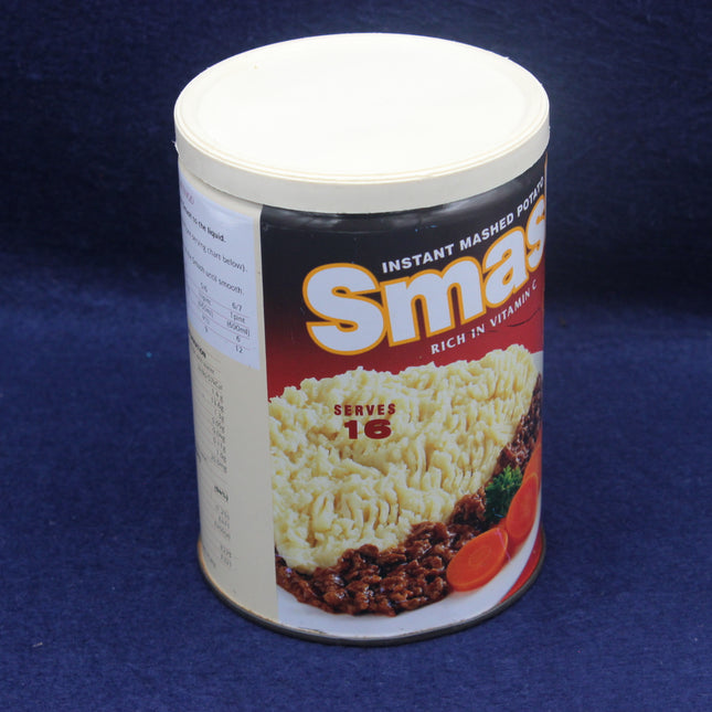 Can of Smas instant mashed potatoes on a blue background