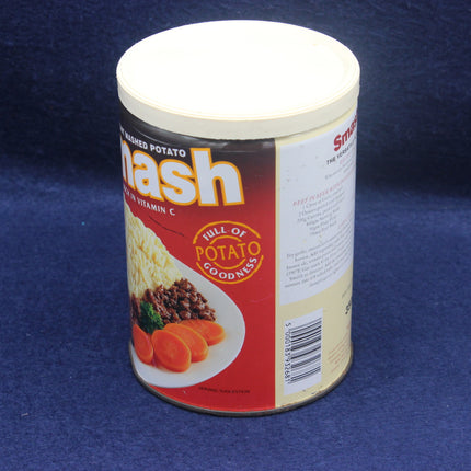 Can of mashed potato with a red label on a blue background