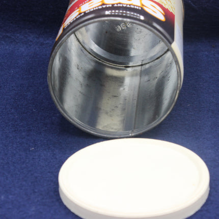 Open can of food with a white disc on a blue background
