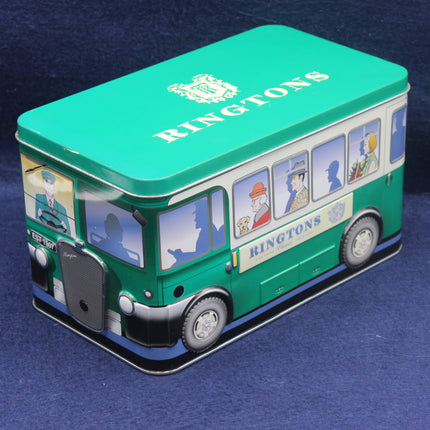Tin box designed like a bus with 'Ringtons' branding on a blue background