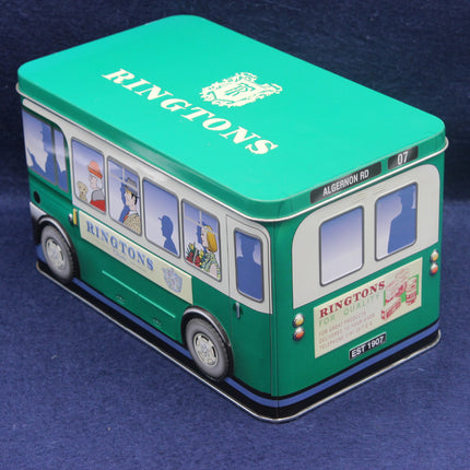 Tin box designed like a bus with 'Ringtons' branding on a blue background