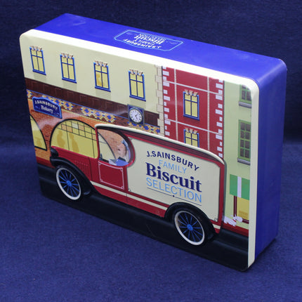 J. Sainsbury Family Biscuit Selection box with vintage truck design on a blue background