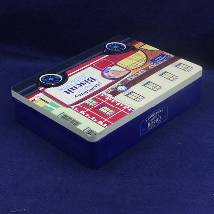 Colorful rectangular box with a design on a dark blue background